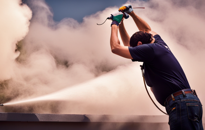 An image showcasing a skilled painter effortlessly spraying a fine mist of paint onto a house eave using an airless sprayer