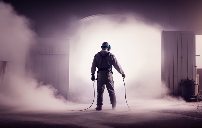 An image showcasing a skilled painter, wearing protective gear, effortlessly maneuvering an airless sprayer