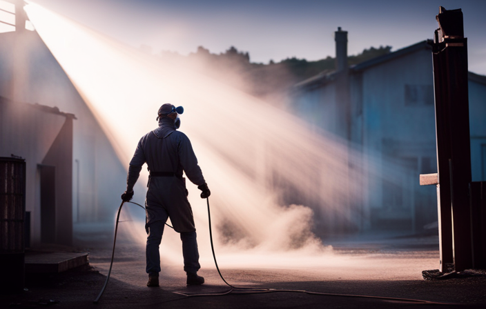 An image showcasing a skilled painter, wearing protective gear, effortlessly maneuvering an airless sprayer