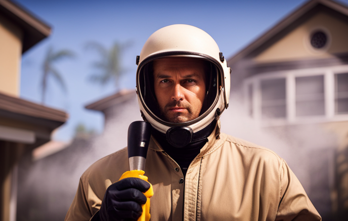 An image showcasing a sunny Florida neighborhood, where a skilled painter clad in protective gear effortlessly sprays a vibrant coat of paint onto a stucco house using a powerful airless paint sprayer