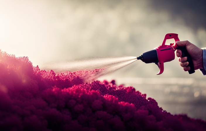 An image capturing a skilled hand effortlessly gliding an airless sprayer over a wall, releasing a mist of vibrant paint particles that gracefully coat the surface, leaving behind a flawless and professional finish