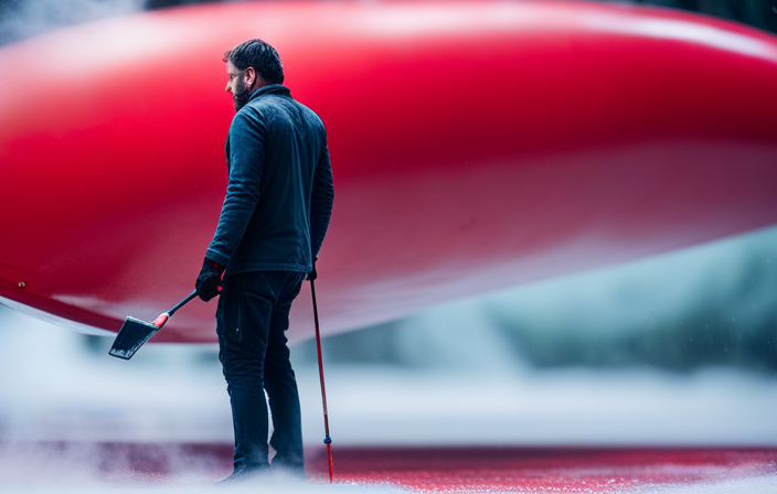 An image showcasing a skilled painter using an airless sprayer to meticulously coat a vibrant red boat hull, while tiny droplets of paint form a misty haze in the air, giving the scene a sense of movement and precision