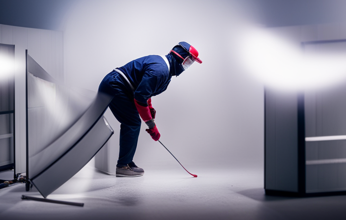 An image of a professional painter wearing protective gear, skillfully applying a smooth coat of paint onto cabinet doors using an airless sprayer