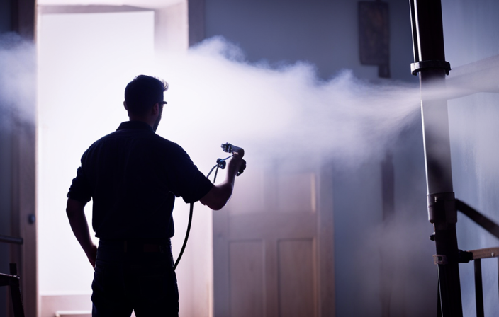 An image showcasing a skilled painter effortlessly gliding an airless sprayer across a wooden door, evenly distributing a smooth coat of paint