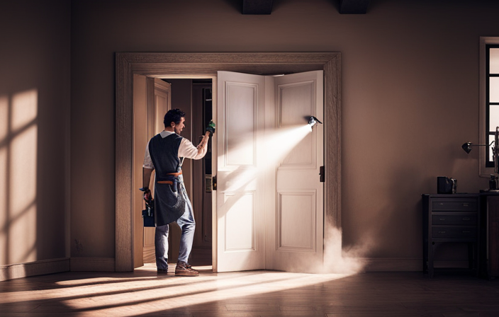 An image depicting a skilled painter effortlessly gliding an airless sprayer over a beautifully crafted wooden door, evenly distributing a lustrous coat of paint that glistens under the soft natural light in the room