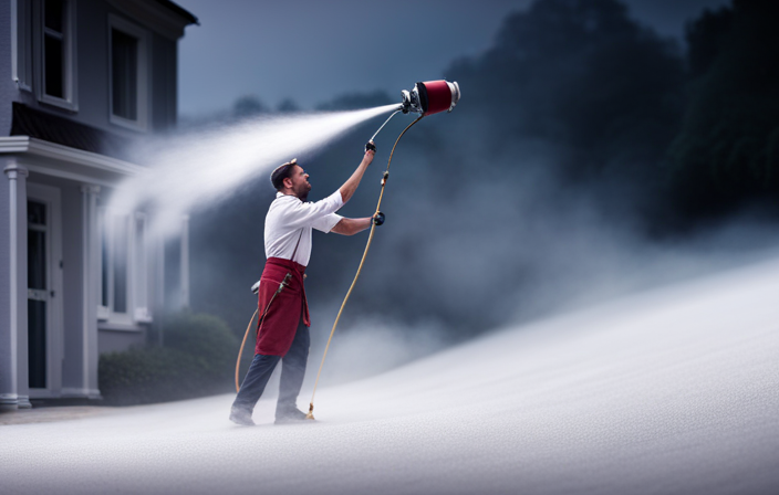An image showcasing a skilled painter effortlessly gliding an airless sprayer along the detailed curves of house trim, enveloped in a fine mist of paint, leaving behind a flawless and professional finish