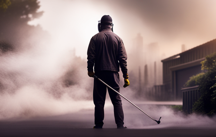 An image showcasing a skilled painter wearing protective gear, effortlessly spraying an even coat of paint onto a house exterior using a high-powered airless paint sprayer, while a fine mist of paint particles fills the air