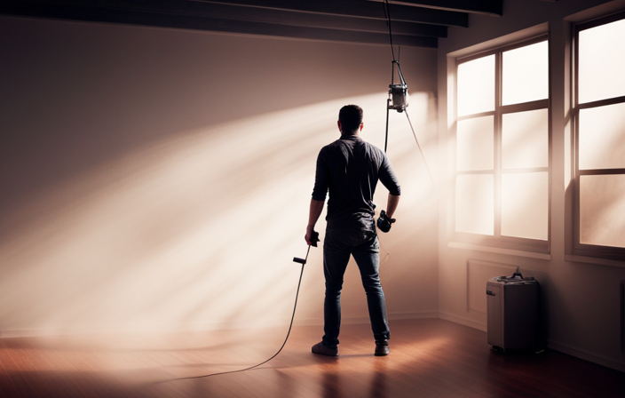 An image capturing a skilled painter effortlessly maneuvering an airless sprayer, coating the walls of a cozy living room with a smooth, even layer of paint