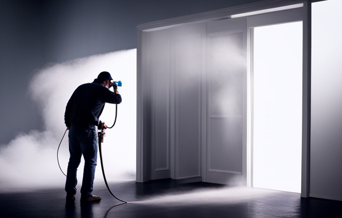 An image capturing the precise moment when a skilled painter effortlessly glides an airless sprayer along the smooth surface of an interior door, releasing a fine mist of paint, resulting in a flawless finish