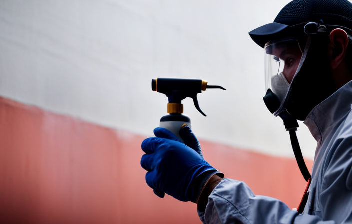 An image showcasing a skilled painter wearing protective gear, expertly maneuvering an airless sprayer to evenly coat a stucco house