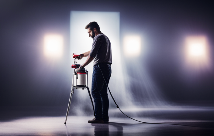 An image showcasing a skilled painter effortlessly maneuvering an airless sprayer, releasing a fine mist of vibrant paint onto a smooth surface