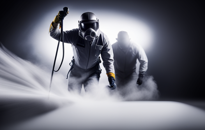 An image capturing the step-by-step process of using an airless paint sprayer: a person wearing protective gear, holding the sprayer with a steady hand, smoothly coating a surface with a fine mist of paint