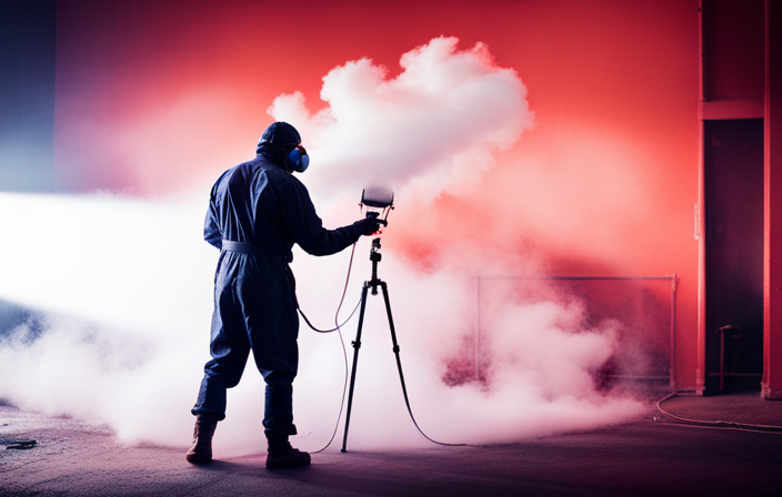 An image showcasing a skilled painter wearing protective gear, effortlessly operating an airless sprayer