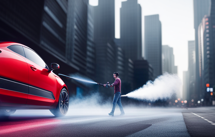 An image showcasing a skilled painter effortlessly gliding an electric airless sprayer over a sleek car exterior, producing a flawlessly smooth coat of paint