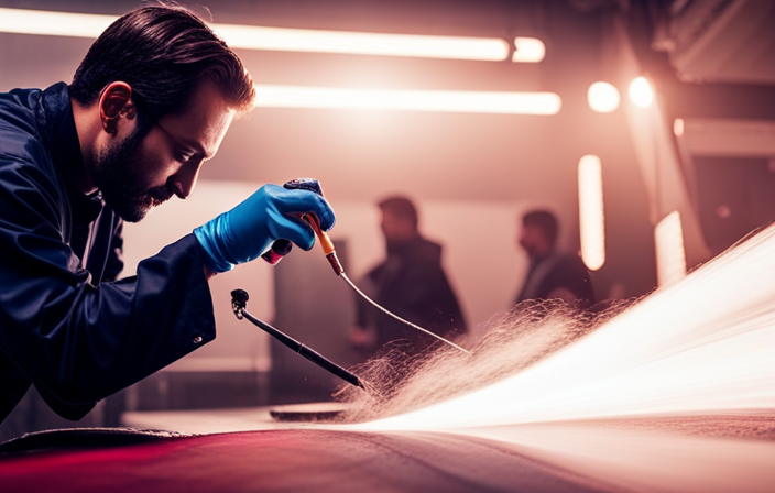 An image capturing a skilled painter expertly applying a flawless coat of vibrant automotive paint onto a sleek car body, utilizing an electric airless sprayer, surrounded by a well-ventilated, brightly lit workshop