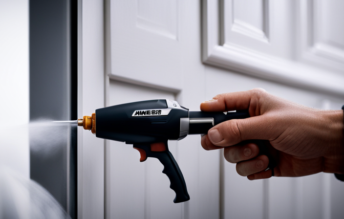 An image showcasing a close-up of a hand holding a Wagner airless sprayer, smoothly gliding it over the sleek surface of a cabinet door
