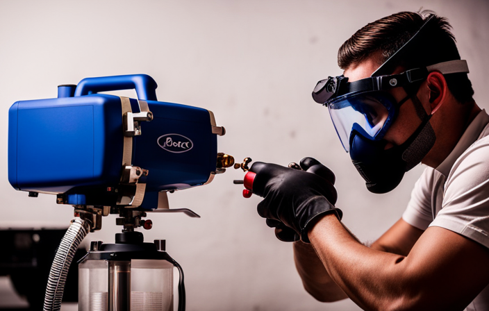 An image showcasing a person wearing protective goggles and a mask, holding a Graco airless paint sprayer, adjusting the pressure settings on the machine, with paint smoothly flowing from the nozzle onto a perfectly even surface