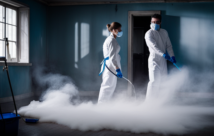 An image showcasing a well-ventilated room with drop cloths covering furniture, walls masked with painter's tape, an airless sprayer connected to a paint container, and a painter wearing safety goggles and a respirator