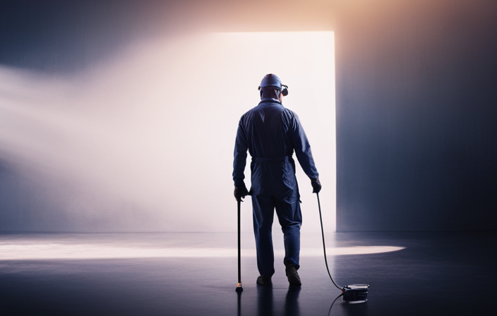An image showcasing a professional painter wearing protective gear, skillfully operating an airless paint sprayer