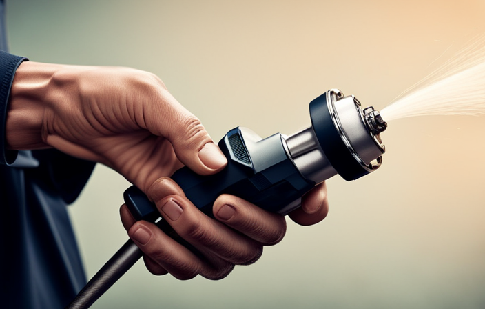 An image showcasing a close-up view of a hand gripping a wrench, effortlessly loosening the airless paint sprayer tip
