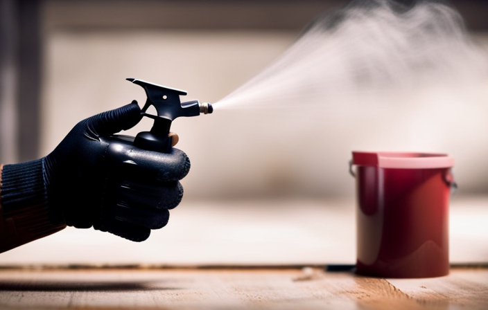 An image showcasing a hand wearing protective gloves, holding an airless paint sprayer nozzle, while pointed towards a weathered wooden surface