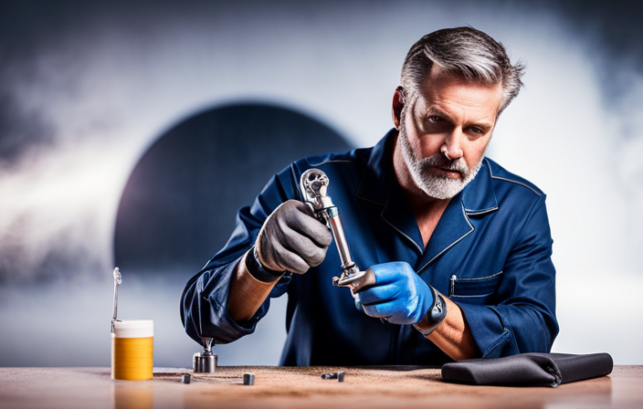 An image showcasing a skilled hand gripping a wrench, carefully dismantling a Graco Dx Airless Paint Sprayer