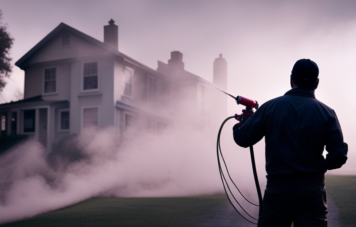 An image that showcases a skilled painter effortlessly maneuvering an airless sprayer, while smoothly gliding it across a house's exterior, with fine misty paint particles gracefully embracing every nook and cranny
