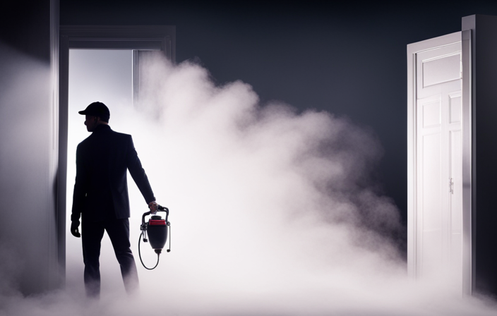 An image showing a hand holding an airless paint sprayer, effortlessly spraying a mist of paint inside a closet