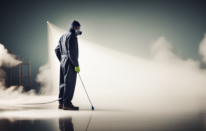 An image showcasing a skilled painter wearing protective gear, effortlessly operating an airless sprayer