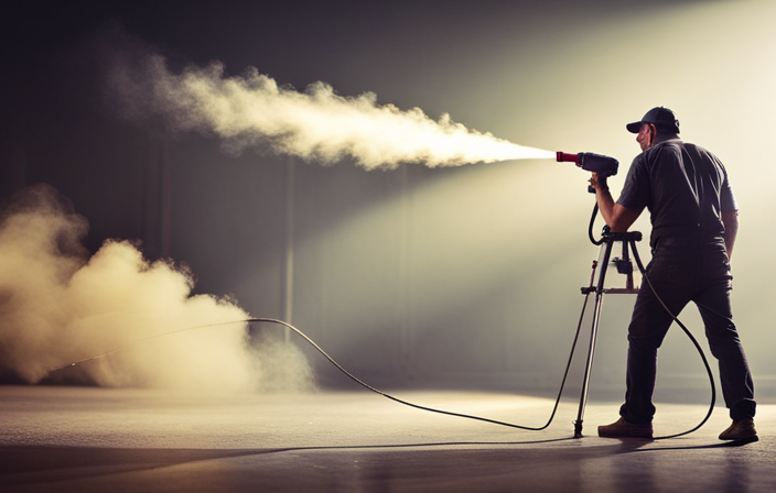 An image capturing the precise technique of spraying oil-based paint with an airless sprayer
