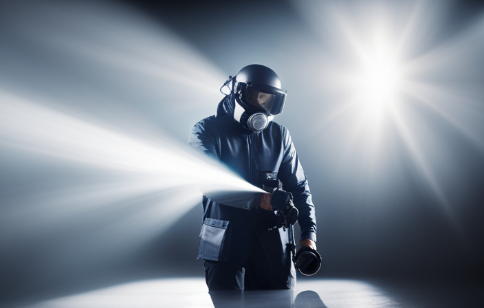 An image showcasing a well-lit room with a person wearing protective gear effortlessly operating an airless paint sprayer