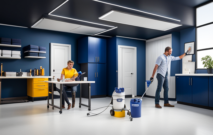 An image showcasing a neatly organized storage space with the Graco Magnum DX G05B Airless Paint Sprayer