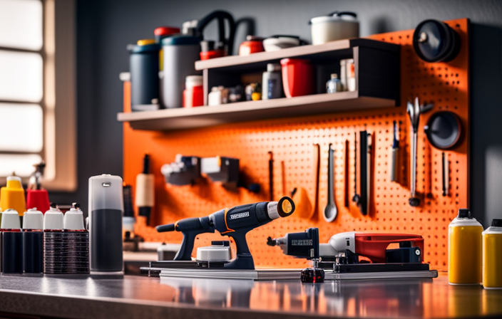 An image showcasing a neatly organized workbench with a wall-mounted pegboard, where a Krause and Becker Airless Paint Sprayer hangs securely alongside neatly arranged paint cans, brushes, and accessories