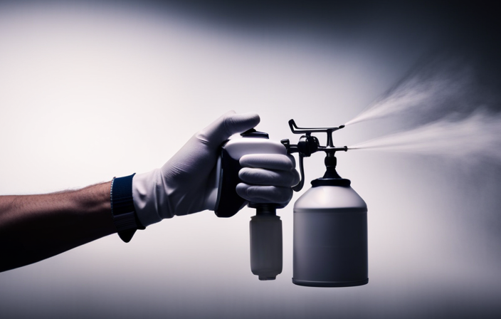 An image of a hand wearing protective gloves, holding an airless paint sprayer nozzle