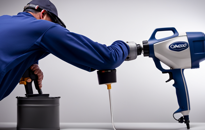 An image that showcases a Graco Magnum X7 Airless Paint Sprayer attached to a 1-gallon paint can, with the sprayer nozzle aimed at a wall