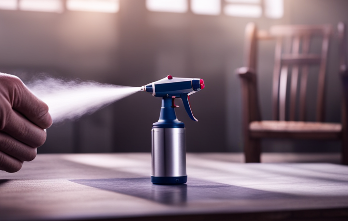 An image showcasing a hand holding an airless paint sprayer, with a wooden furniture piece in the background