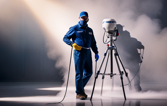 An image showcasing a professional painter wearing protective gear, effortlessly operating a Graco Airless Paint Sprayer