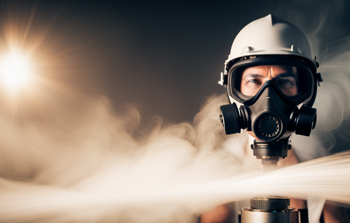 An image depicting a person wearing safety goggles and a respirator, skillfully operating a Campbell Hausfeld paint sprayer