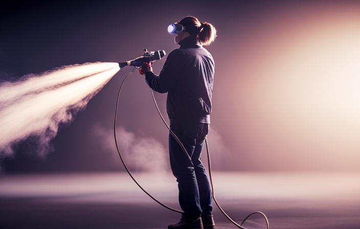 An image depicting a person wearing safety goggles and a respirator, skillfully operating a Campbell Hausfeld paint sprayer