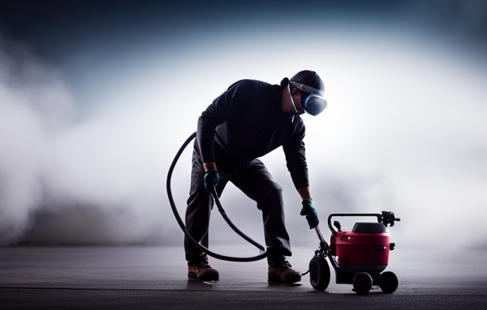 An image that showcases a person wearing protective gear, effortlessly maneuvering a Harbor Freight airless paint sprayer, expertly coating a smooth surface with a fine mist of paint, while maintaining a steady hand and precise control