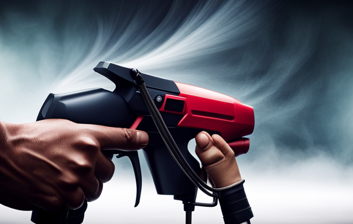 An image showcasing a hand holding an electric airless paint sprayer, demonstrating proper grip and control, with a mist of paint evenly coating a wall in the background