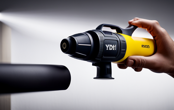 An image capturing a hand firmly gripping the Ryobi Rap200g Airless Paint Sprayer, seamlessly spraying a smooth, even coat of paint onto a wall