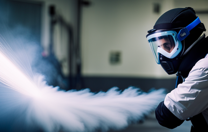 An image showcasing a painter wearing protective goggles, gloves, and a mask, as they skillfully operate an airless paint sprayer while a shield effectively contains the spray pattern, ensuring precise and mess-free application