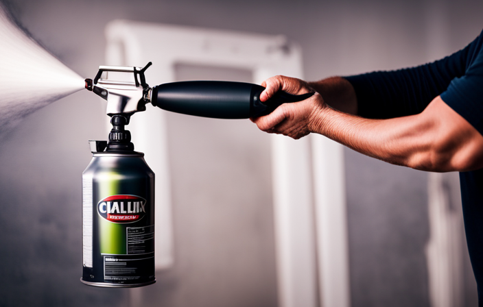 An image showcasing an individual holding a 1-gallon can of paint, effortlessly operating an airless paint sprayer