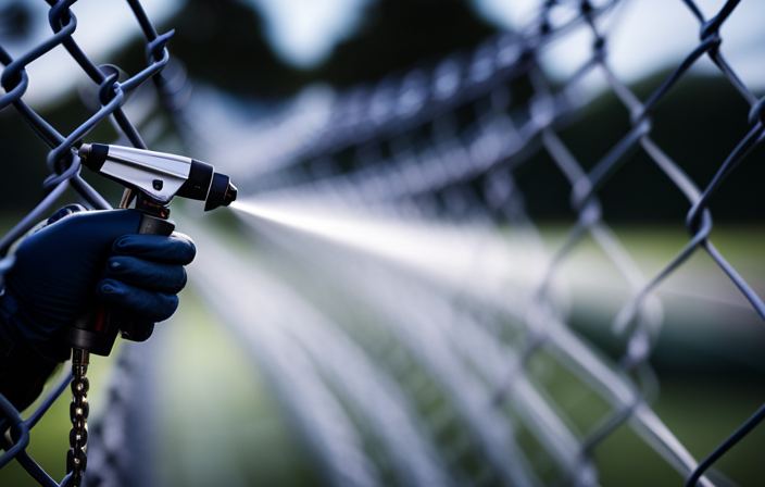 An image capturing a close-up of a gloved hand holding an airless paint sprayer, as a fine mist of paint gracefully coats the intricate diamond pattern of a chain link fence, creating a flawless and even finish