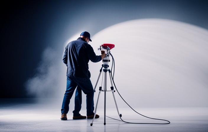 An image showcasing a skilled painter effortlessly operating an airless paint sprayer, expertly covering a wall in a smooth, consistent coat of paint, with precise movements and an impeccable finish