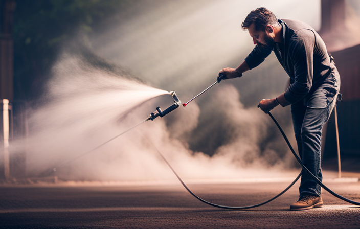 An image showcasing an expert painter effortlessly spraying a smooth coat of paint onto the exterior of a house using an airless paint sprayer, capturing the fine mist in mid-air