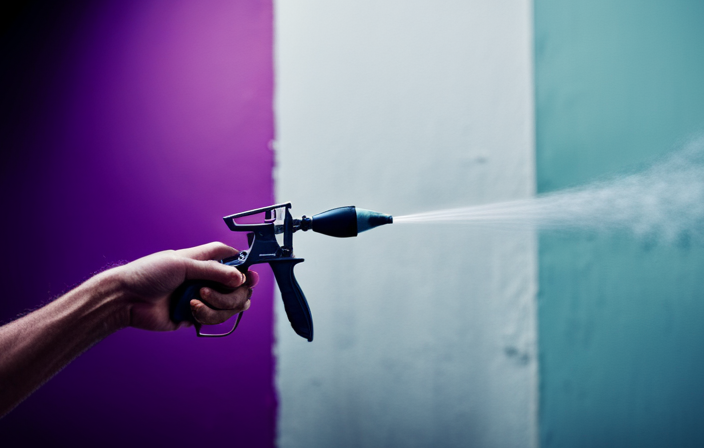 An image featuring a close-up of a hand gripping an airless paint sprayer's handle, with vibrant paint particles suspended in mid-air, and a perfectly smooth, freshly painted wall in the background