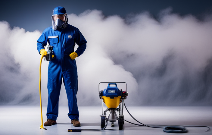 An image showcasing a skilled painter wearing protective gear, effortlessly maneuvering the Graco G17 Airless Paint Sprayer, expertly spraying a smooth and even coat of paint onto a wall, highlighting its precision and ease of use