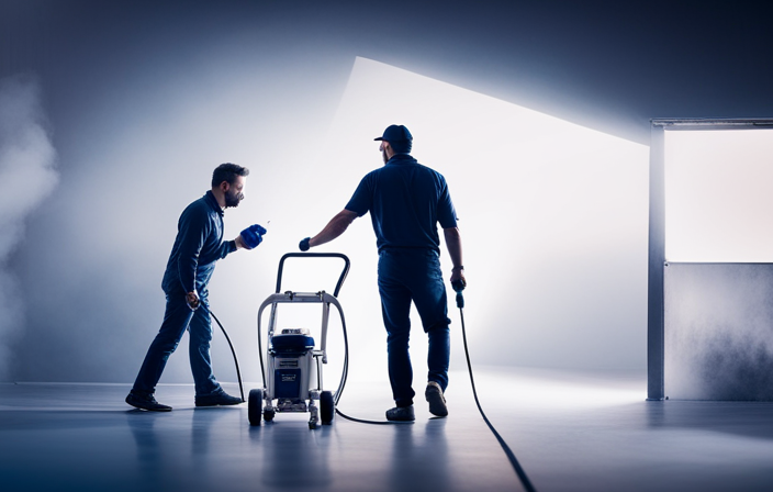 An image showcasing a skilled painter effortlessly handling the Graco G17b Airless Paint Sprayer, with vivid splashes of vibrant paint beautifully coating a wall, illustrating the step-by-step process of achieving flawless paint application